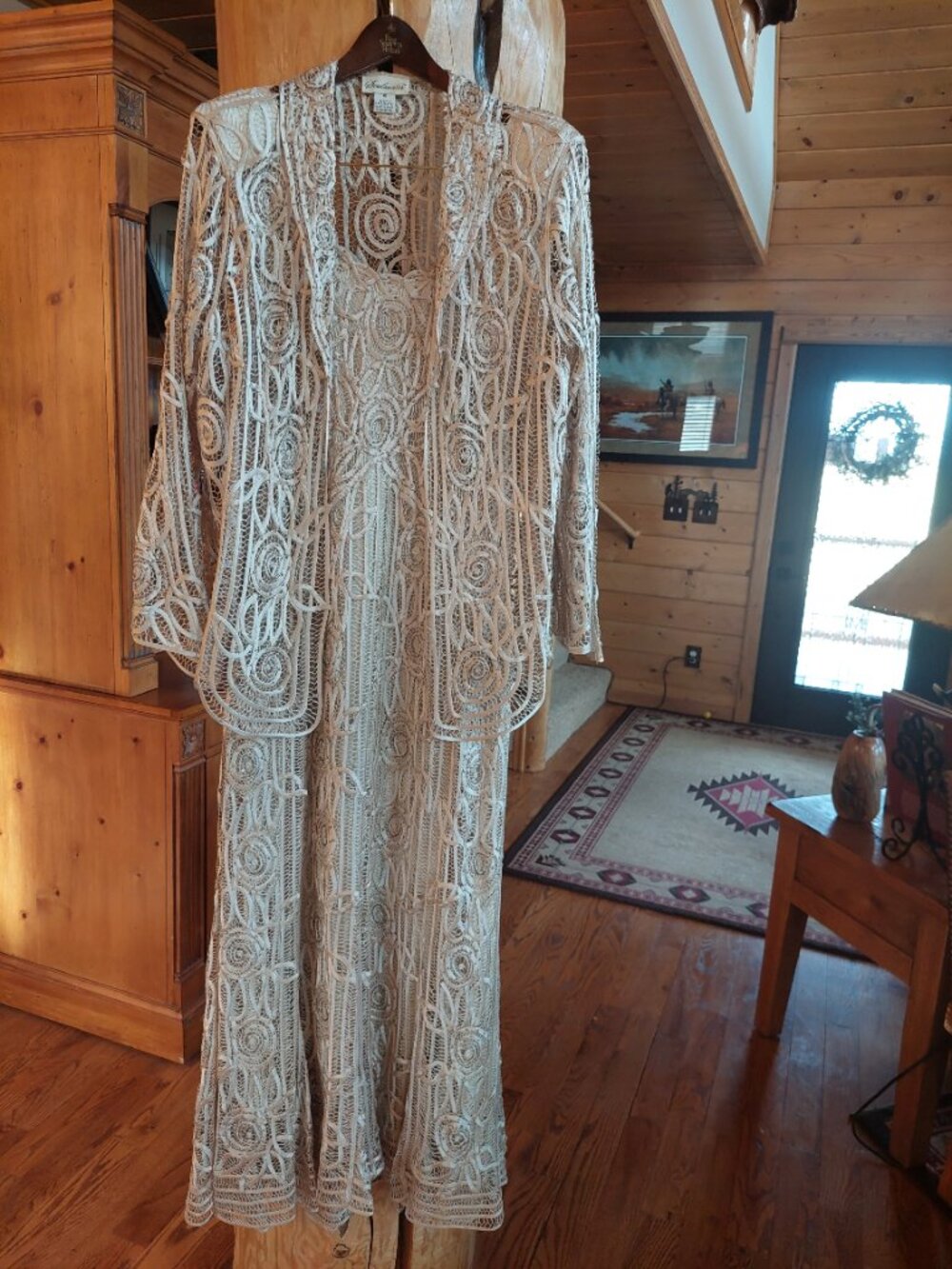 Soulmates Two Piece Silk, Lacework, Beaded Dress and Jacket, Cream color size xl